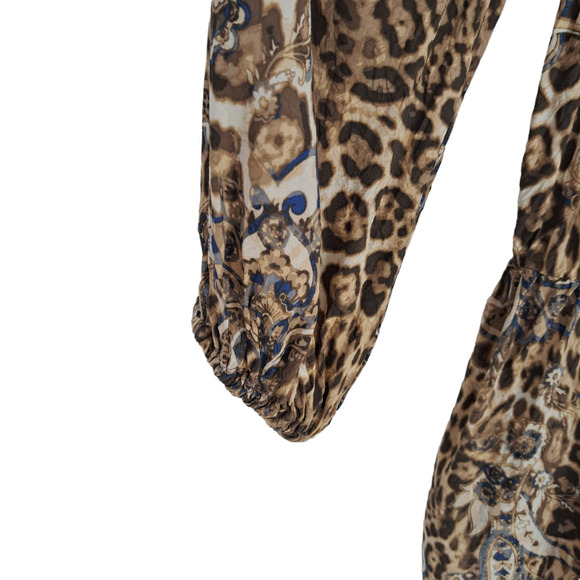 Olivaceous Long Sleeve Mini Dress Tunic Cheetah Print Floral Brown Womens Size S - Picture 4 of 7